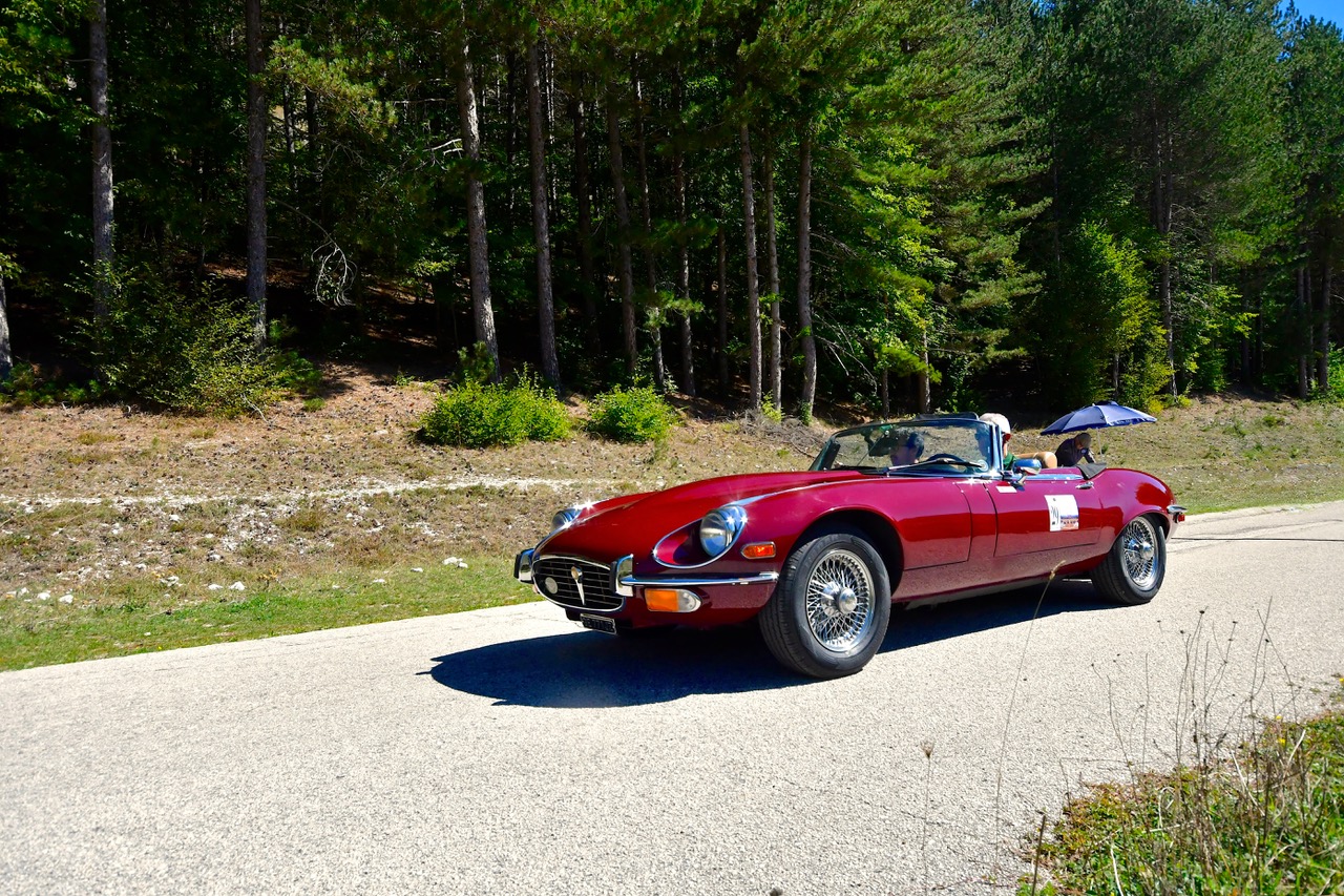Marco Natale su Jaguar E Type impegnato nelle prove di regolarità a Pescasseroli